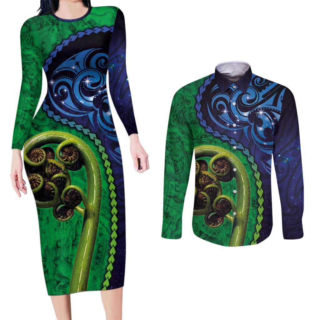 New Zealand Matariki Fern Frond Koru Couples Matching Long Sleeve Bodycon Dress and Long Sleeve Button Shirt with Galaxy Blue Sky and Green Paua Shell Art LT03 Blue - Polynesian Pride