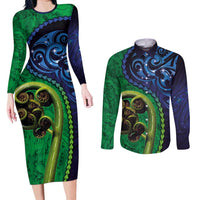 New Zealand Matariki Fern Frond Koru Couples Matching Long Sleeve Bodycon Dress and Long Sleeve Button Shirt with Galaxy Blue Sky and Green Paua Shell Art LT03 Blue - Polynesian Pride