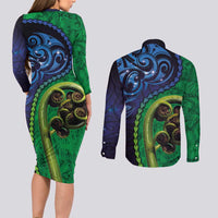 New Zealand Matariki Fern Frond Koru Couples Matching Long Sleeve Bodycon Dress and Long Sleeve Button Shirt with Galaxy Blue Sky and Green Paua Shell Art LT03 - Polynesian Pride