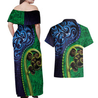 New Zealand Matariki Fern Frond Koru Couples Matching Off Shoulder Maxi Dress and Hawaiian Shirt with Galaxy Blue Sky and Green Paua Shell Art LT03 - Polynesian Pride