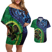 New Zealand Matariki Fern Frond Koru Couples Matching Off Shoulder Short Dress and Hawaiian Shirt with Galaxy Blue Sky and Green Paua Shell Art LT03 Blue - Polynesian Pride