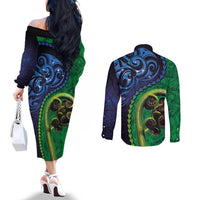 New Zealand Matariki Fern Frond Koru Couples Matching Off The Shoulder Long Sleeve Dress and Long Sleeve Button Shirt with Galaxy Blue Sky and Green Paua Shell Art LT03 - Polynesian Pride