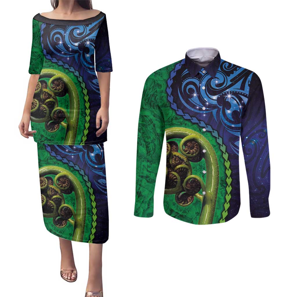 New Zealand Matariki Fern Frond Koru Couples Matching Puletasi and Long Sleeve Button Shirt with Galaxy Blue Sky and Green Paua Shell Art LT03 Blue - Polynesian Pride