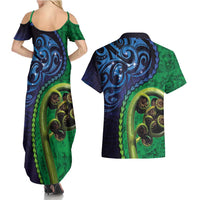 New Zealand Matariki Fern Frond Koru Couples Matching Summer Maxi Dress and Hawaiian Shirt with Galaxy Blue Sky and Green Paua Shell Art LT03 - Polynesian Pride