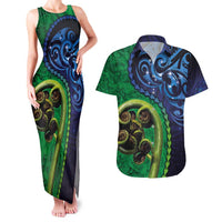 New Zealand Matariki Fern Frond Koru Couples Matching Tank Maxi Dress and Hawaiian Shirt with Galaxy Blue Sky and Green Paua Shell Art LT03 Blue - Polynesian Pride