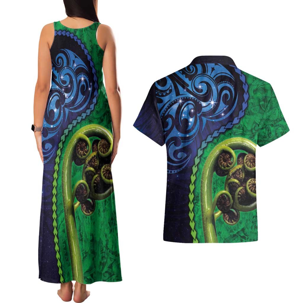New Zealand Matariki Fern Frond Koru Couples Matching Tank Maxi Dress and Hawaiian Shirt with Galaxy Blue Sky and Green Paua Shell Art LT03 - Polynesian Pride