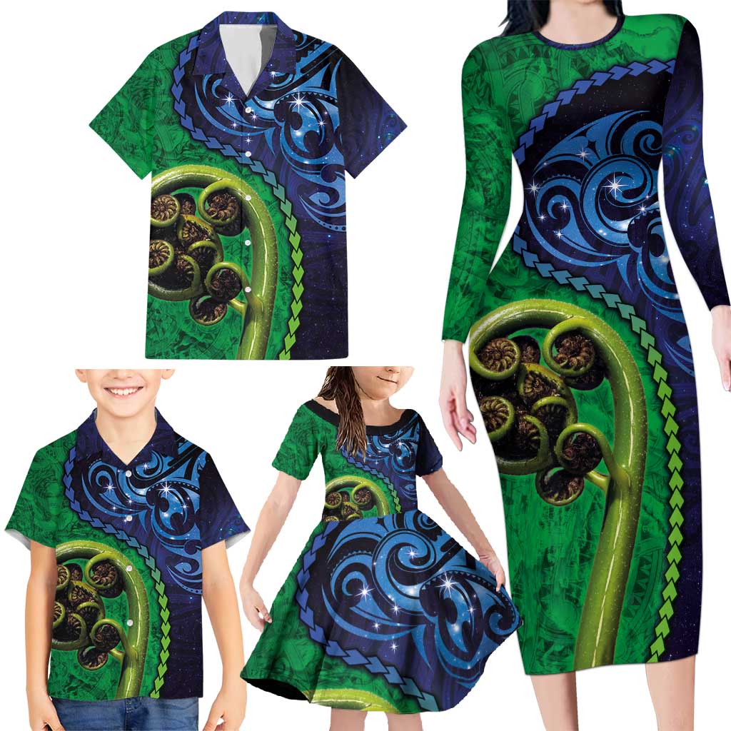 New Zealand Matariki Fern Frond Koru Family Matching Long Sleeve Bodycon Dress and Hawaiian Shirt with Galaxy Blue Sky and Green Paua Shell Art LT03 - Polynesian Pride