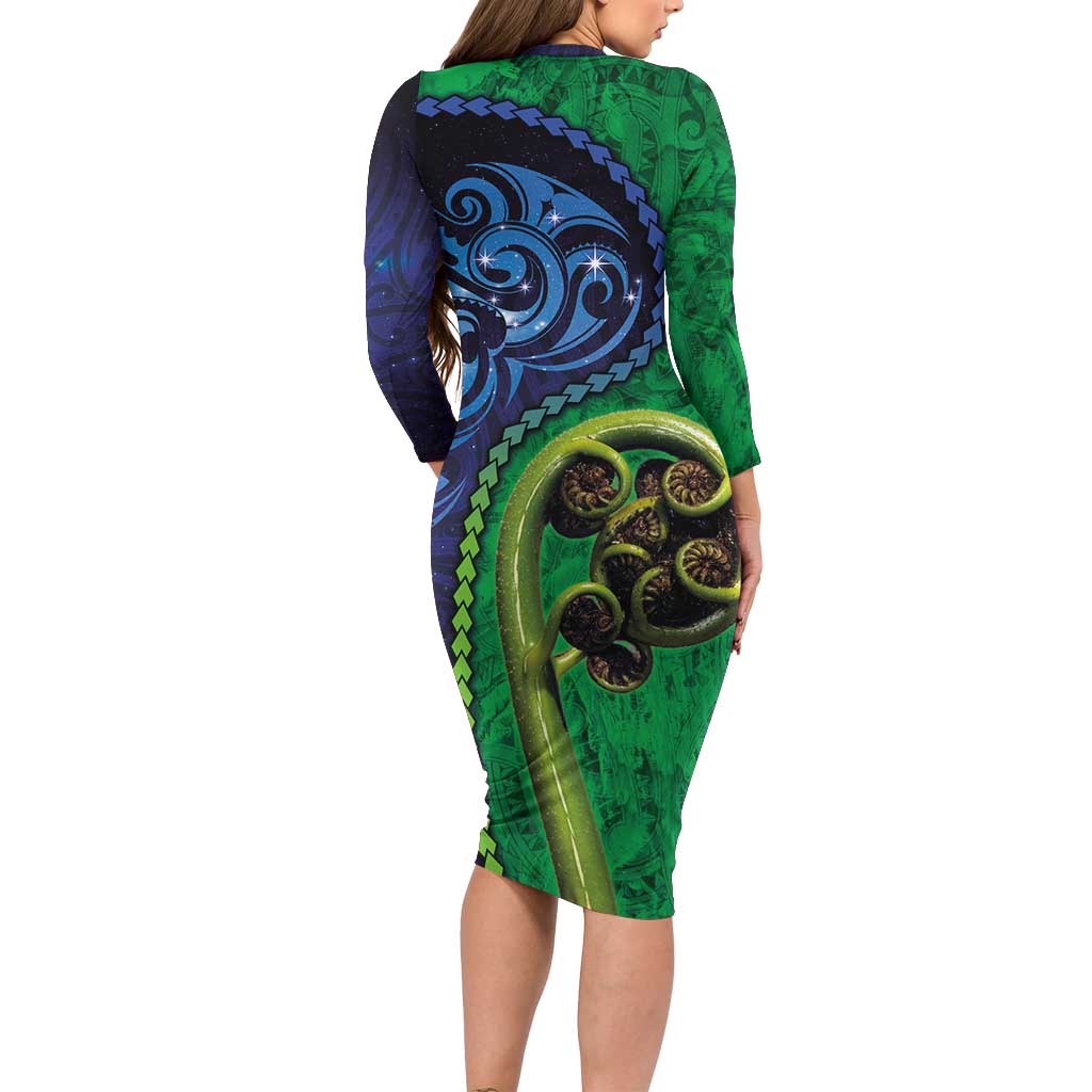 New Zealand Matariki Fern Frond Koru Family Matching Long Sleeve Bodycon Dress and Hawaiian Shirt with Galaxy Blue Sky and Green Paua Shell Art LT03 - Polynesian Pride