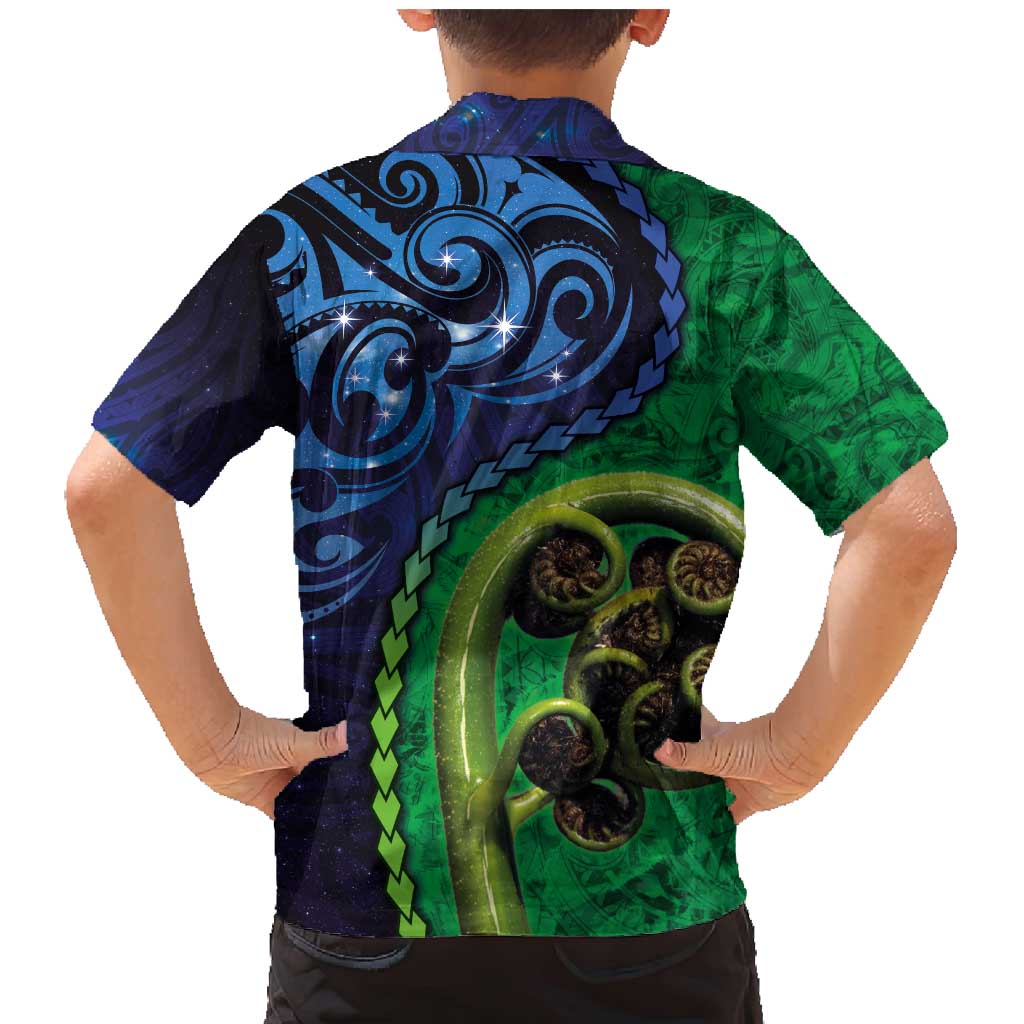 New Zealand Matariki Fern Frond Koru Family Matching Mermaid Dress and Hawaiian Shirt with Galaxy Blue Sky and Green Paua Shell Art LT03 - Polynesian Pride