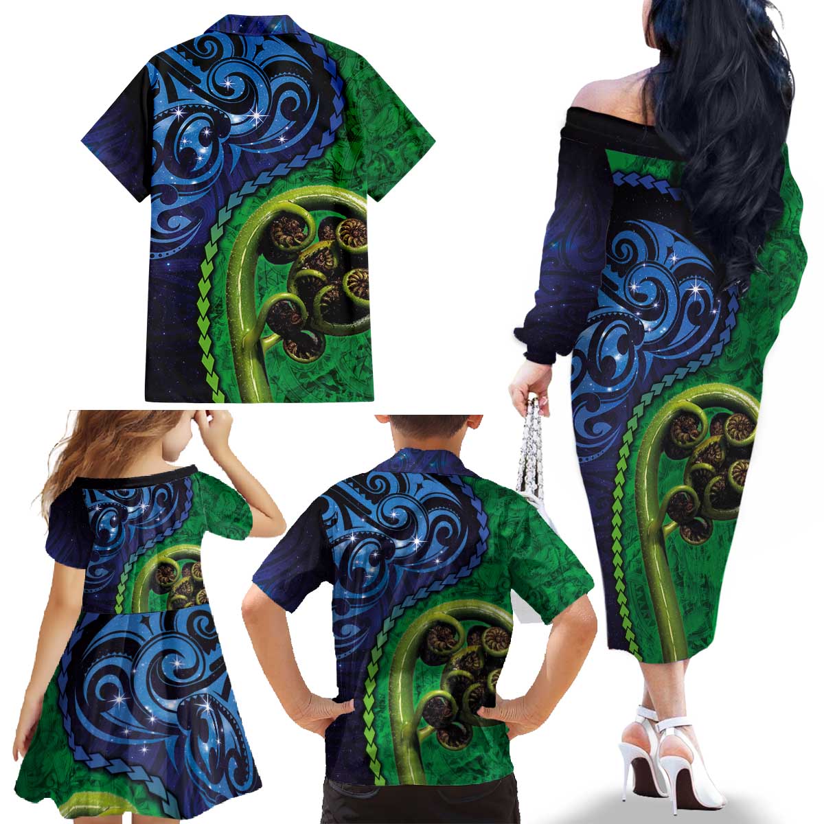 New Zealand Matariki Fern Frond Koru Family Matching Off The Shoulder Long Sleeve Dress and Hawaiian Shirt with Galaxy Blue Sky and Green Paua Shell Art LT03 - Polynesian Pride