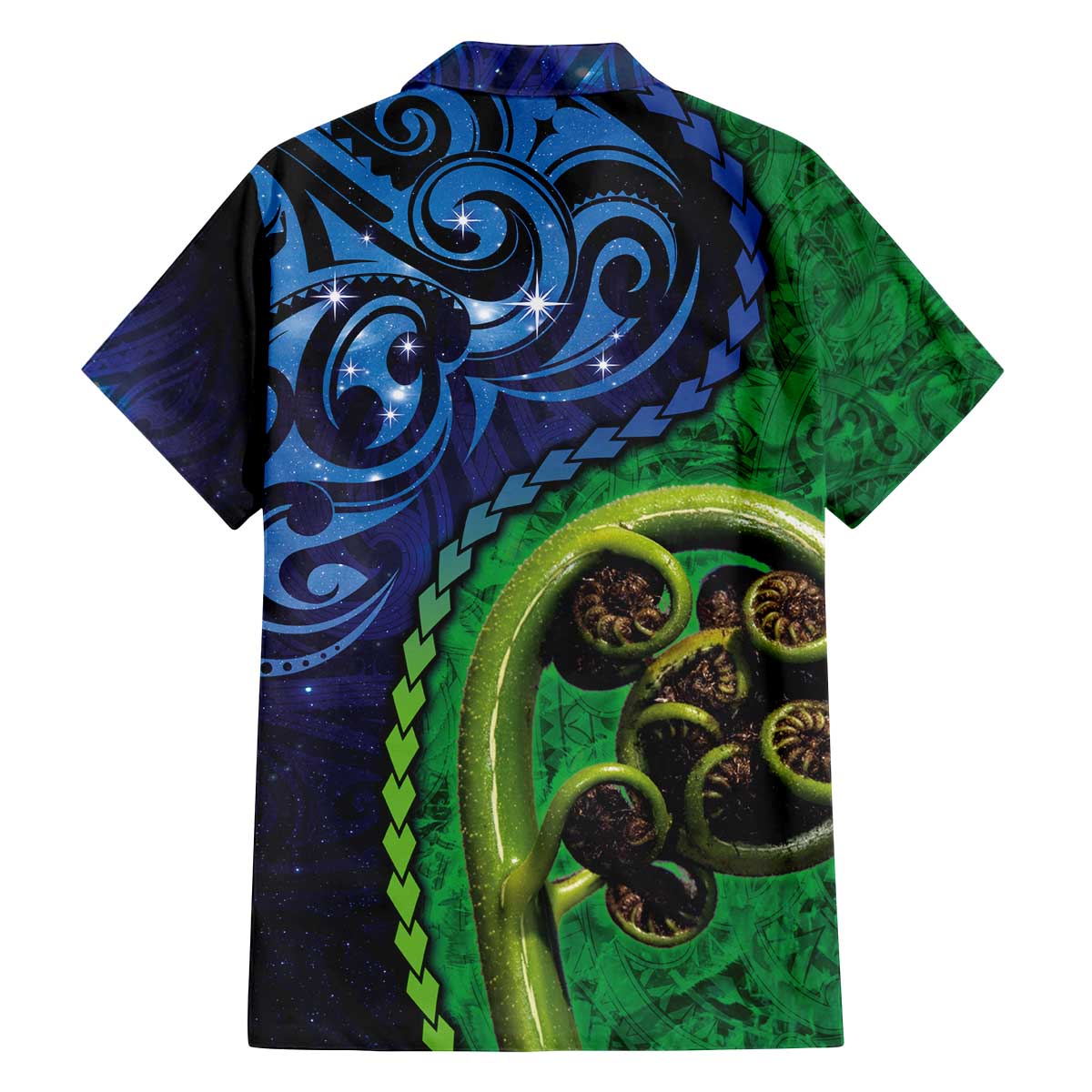 New Zealand Matariki Fern Frond Koru Family Matching Off The Shoulder Long Sleeve Dress and Hawaiian Shirt with Galaxy Blue Sky and Green Paua Shell Art LT03 - Polynesian Pride