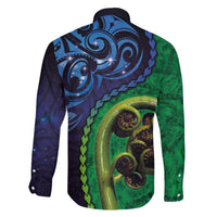 New Zealand Matariki Fern Frond Koru Family Matching Off The Shoulder Long Sleeve Dress and Hawaiian Shirt with Galaxy Blue Sky and Green Paua Shell Art LT03 - Polynesian Pride