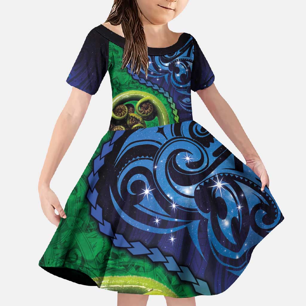 New Zealand Matariki Fern Frond Koru Family Matching Off Shoulder Maxi Dress and Hawaiian Shirt with Galaxy Blue Sky and Green Paua Shell Art LT03 Daughter's Dress Blue - Polynesian Pride