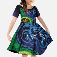 New Zealand Matariki Fern Frond Koru Family Matching Off Shoulder Maxi Dress and Hawaiian Shirt with Galaxy Blue Sky and Green Paua Shell Art LT03 Daughter's Dress Blue - Polynesian Pride