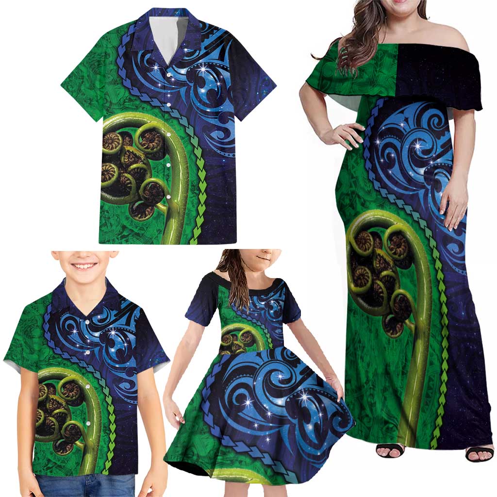 New Zealand Matariki Fern Frond Koru Family Matching Off Shoulder Maxi Dress and Hawaiian Shirt with Galaxy Blue Sky and Green Paua Shell Art LT03 - Polynesian Pride