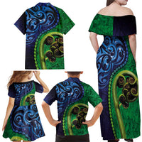 New Zealand Matariki Fern Frond Koru Family Matching Off Shoulder Maxi Dress and Hawaiian Shirt with Galaxy Blue Sky and Green Paua Shell Art LT03 - Polynesian Pride