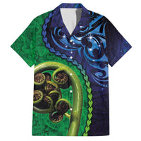New Zealand Matariki Fern Frond Koru Family Matching Off Shoulder Maxi Dress and Hawaiian Shirt with Galaxy Blue Sky and Green Paua Shell Art LT03 Dad's Shirt - Short Sleeve Blue - Polynesian Pride