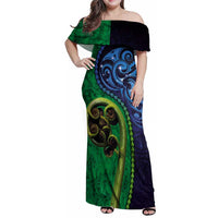 New Zealand Matariki Fern Frond Koru Family Matching Off Shoulder Maxi Dress and Hawaiian Shirt with Galaxy Blue Sky and Green Paua Shell Art LT03 Mom's Dress Blue - Polynesian Pride