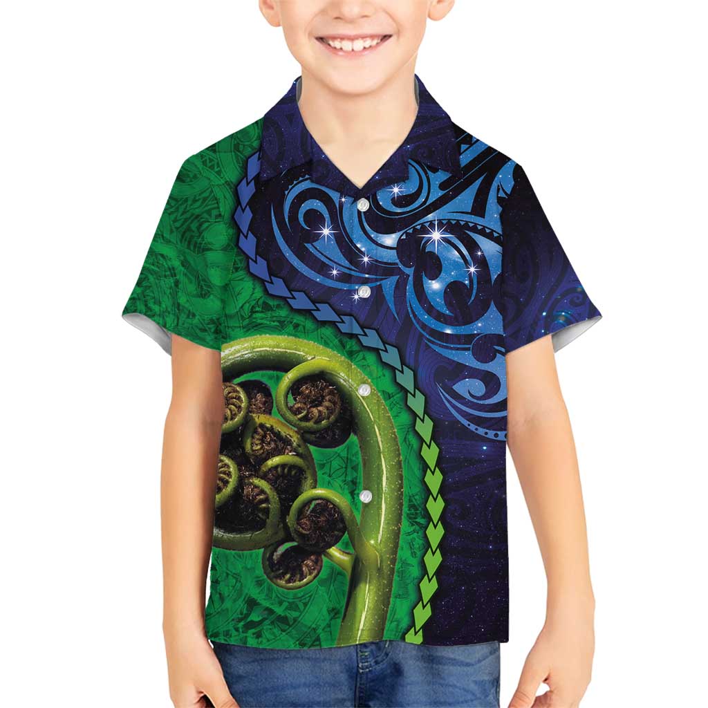 New Zealand Matariki Fern Frond Koru Family Matching Off Shoulder Maxi Dress and Hawaiian Shirt with Galaxy Blue Sky and Green Paua Shell Art LT03 Son's Shirt Blue - Polynesian Pride