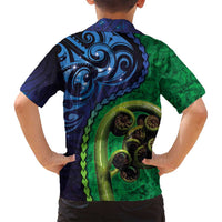 New Zealand Matariki Fern Frond Koru Family Matching Puletasi and Hawaiian Shirt with Galaxy Blue Sky and Green Paua Shell Art LT03 - Polynesian Pride