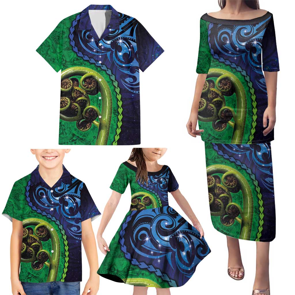 New Zealand Matariki Fern Frond Koru Family Matching Puletasi and Hawaiian Shirt with Galaxy Blue Sky and Green Paua Shell Art LT03 - Polynesian Pride