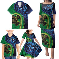 New Zealand Matariki Fern Frond Koru Family Matching Puletasi and Hawaiian Shirt with Galaxy Blue Sky and Green Paua Shell Art LT03 - Polynesian Pride