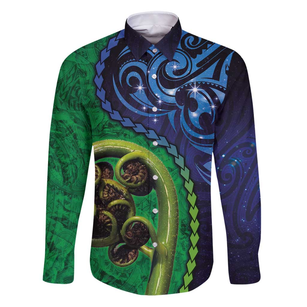 New Zealand Matariki Fern Frond Koru Family Matching Puletasi and Hawaiian Shirt with Galaxy Blue Sky and Green Paua Shell Art LT03 Dad's Shirt - Long Sleeve Blue - Polynesian Pride