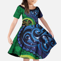 New Zealand Matariki Fern Frond Koru Family Matching Short Sleeve Bodycon Dress and Hawaiian Shirt with Galaxy Blue Sky and Green Paua Shell Art LT03 Daughter's Dress Blue - Polynesian Pride
