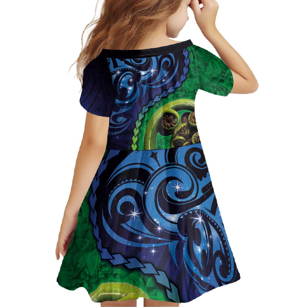New Zealand Matariki Fern Frond Koru Family Matching Short Sleeve Bodycon Dress and Hawaiian Shirt with Galaxy Blue Sky and Green Paua Shell Art LT03 - Polynesian Pride