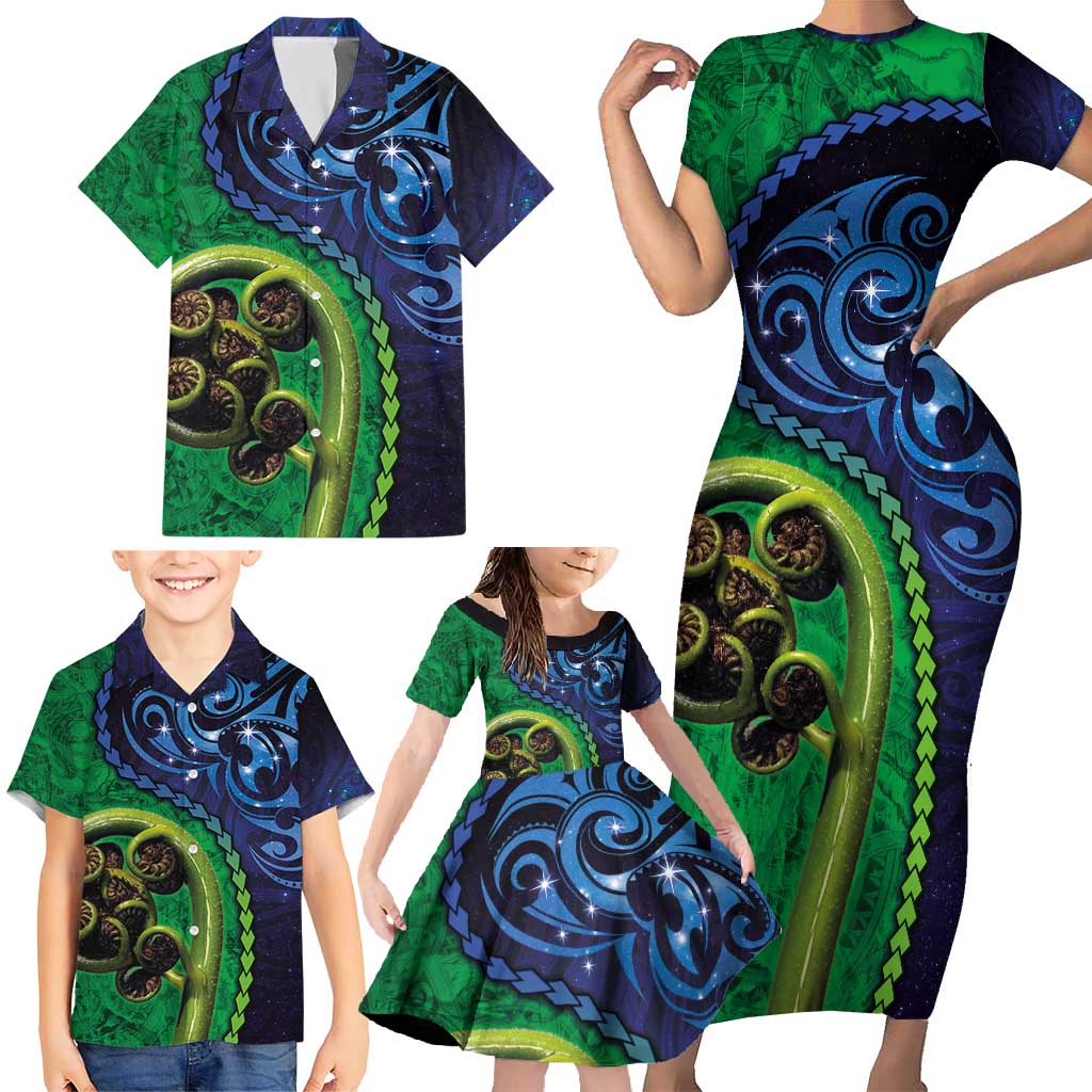 New Zealand Matariki Fern Frond Koru Family Matching Short Sleeve Bodycon Dress and Hawaiian Shirt with Galaxy Blue Sky and Green Paua Shell Art LT03 - Polynesian Pride