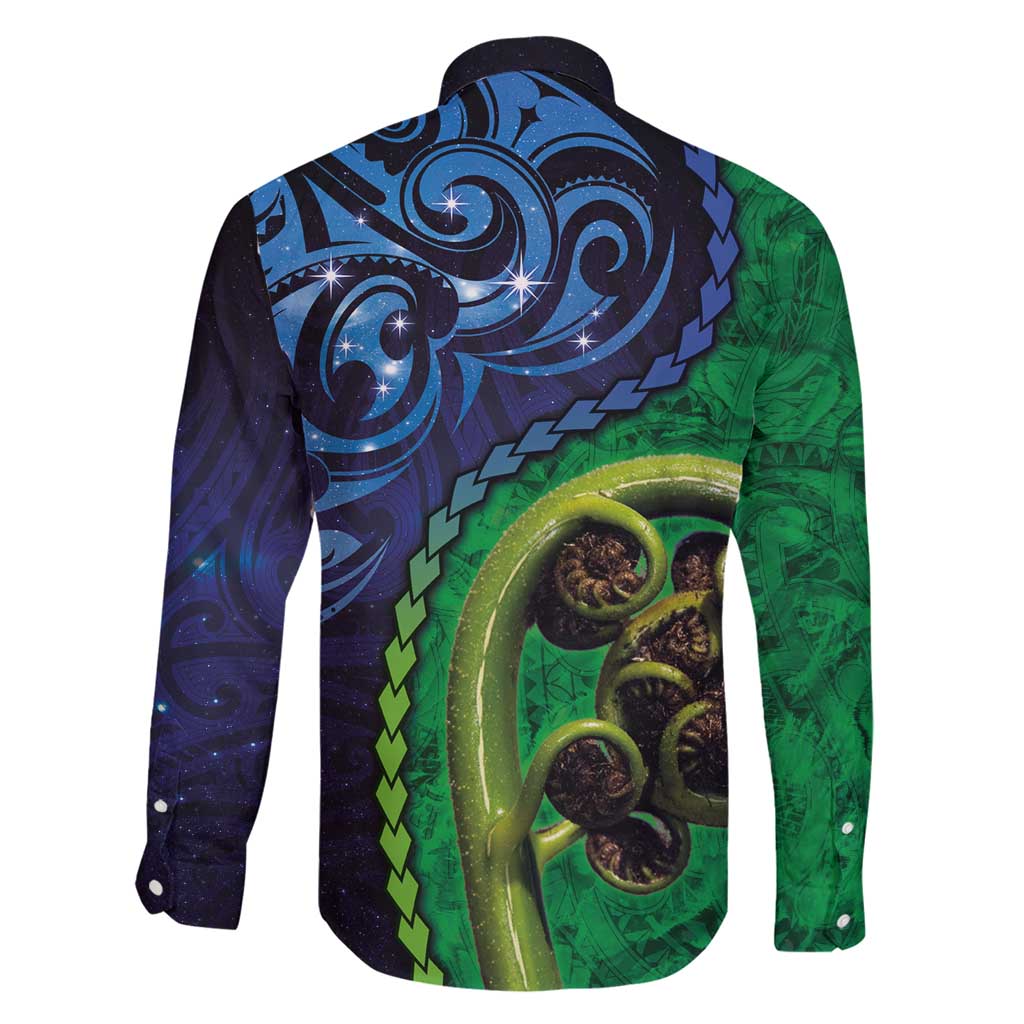 New Zealand Matariki Fern Frond Koru Family Matching Short Sleeve Bodycon Dress and Hawaiian Shirt with Galaxy Blue Sky and Green Paua Shell Art LT03 - Polynesian Pride