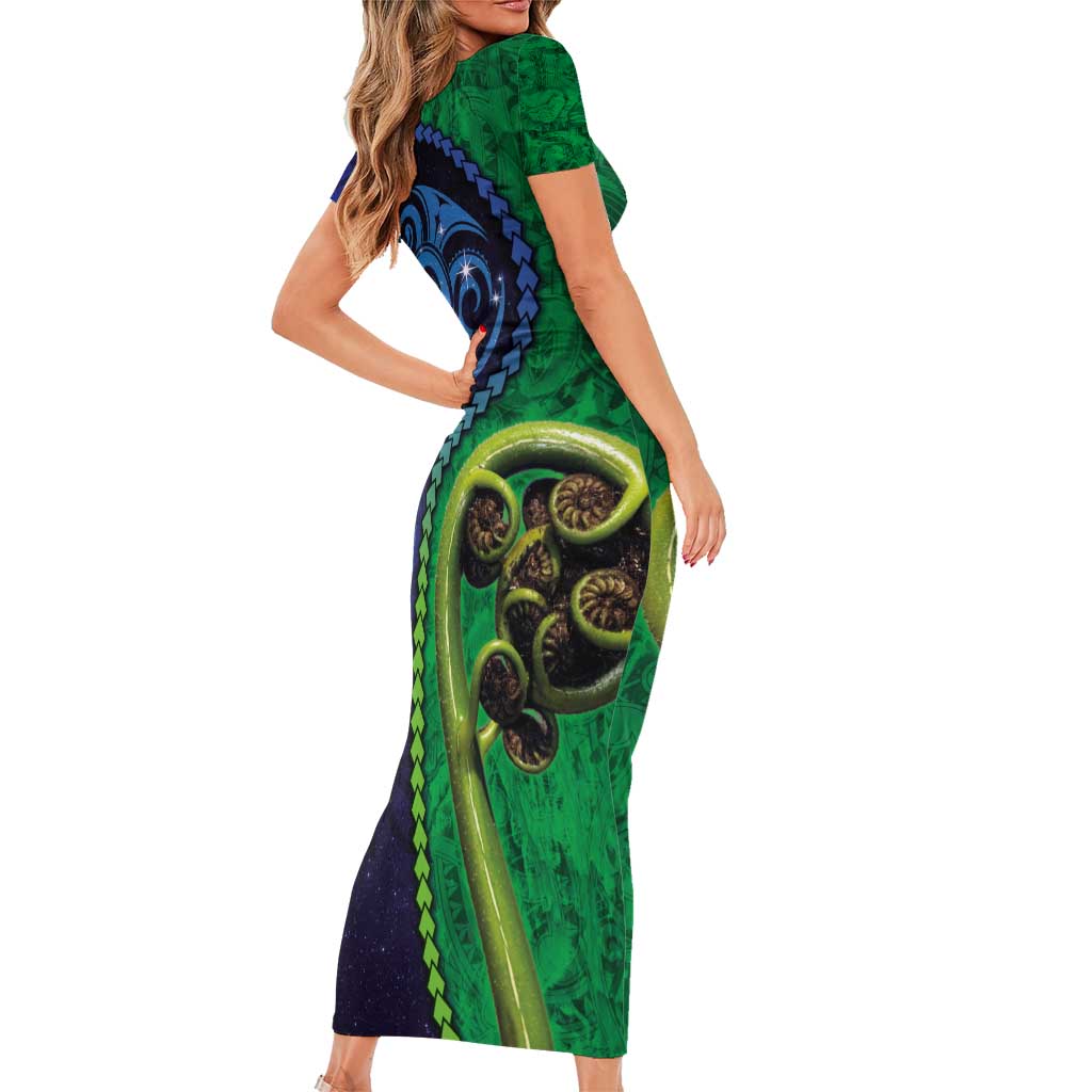 New Zealand Matariki Fern Frond Koru Family Matching Short Sleeve Bodycon Dress and Hawaiian Shirt with Galaxy Blue Sky and Green Paua Shell Art LT03 - Polynesian Pride