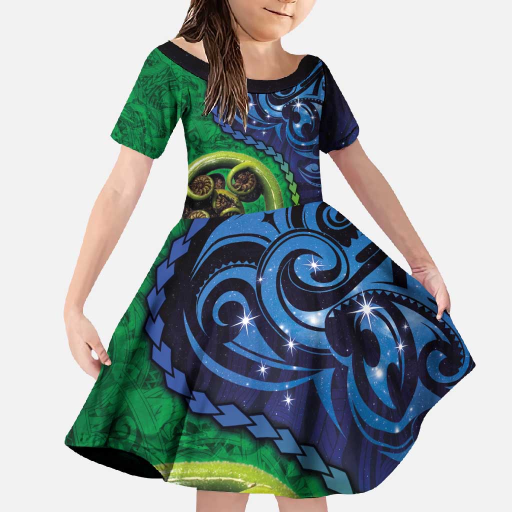 New Zealand Matariki Fern Frond Koru Family Matching Tank Maxi Dress and Hawaiian Shirt with Galaxy Blue Sky and Green Paua Shell Art LT03 Daughter's Dress Blue - Polynesian Pride