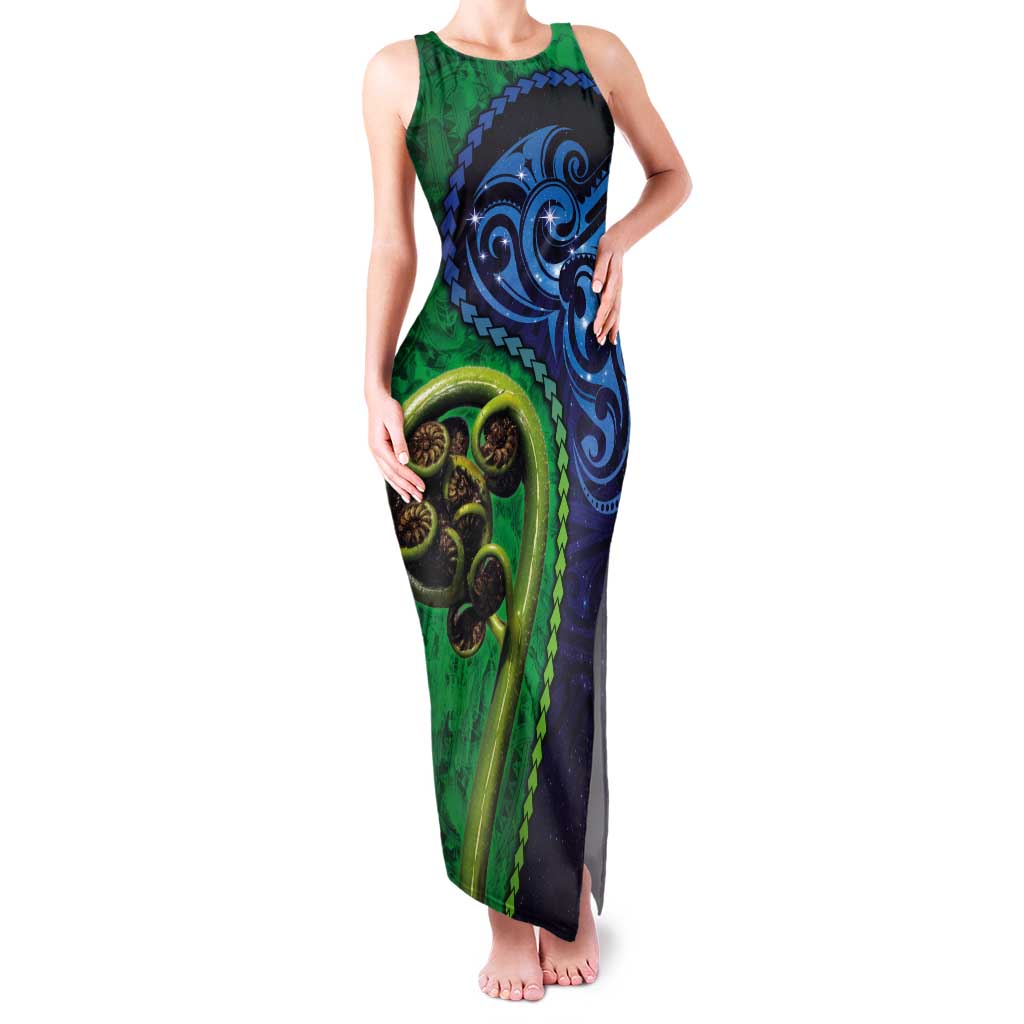 New Zealand Matariki Fern Frond Koru Family Matching Tank Maxi Dress and Hawaiian Shirt with Galaxy Blue Sky and Green Paua Shell Art LT03 Mom's Dress Blue - Polynesian Pride