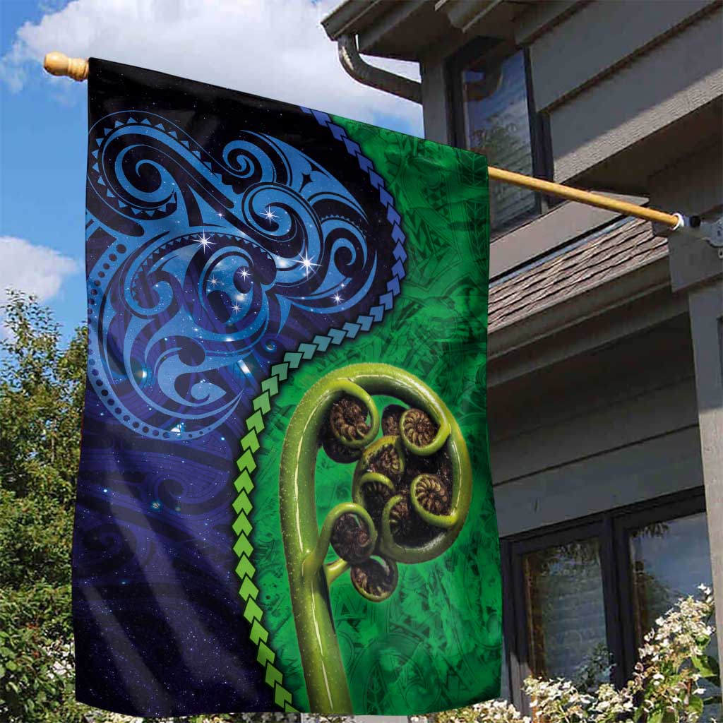 New Zealand Matariki Fern Frond Koru Garden Flag with Galaxy Blue Sky and Green Paua Shell Art LT03 - Polynesian Pride