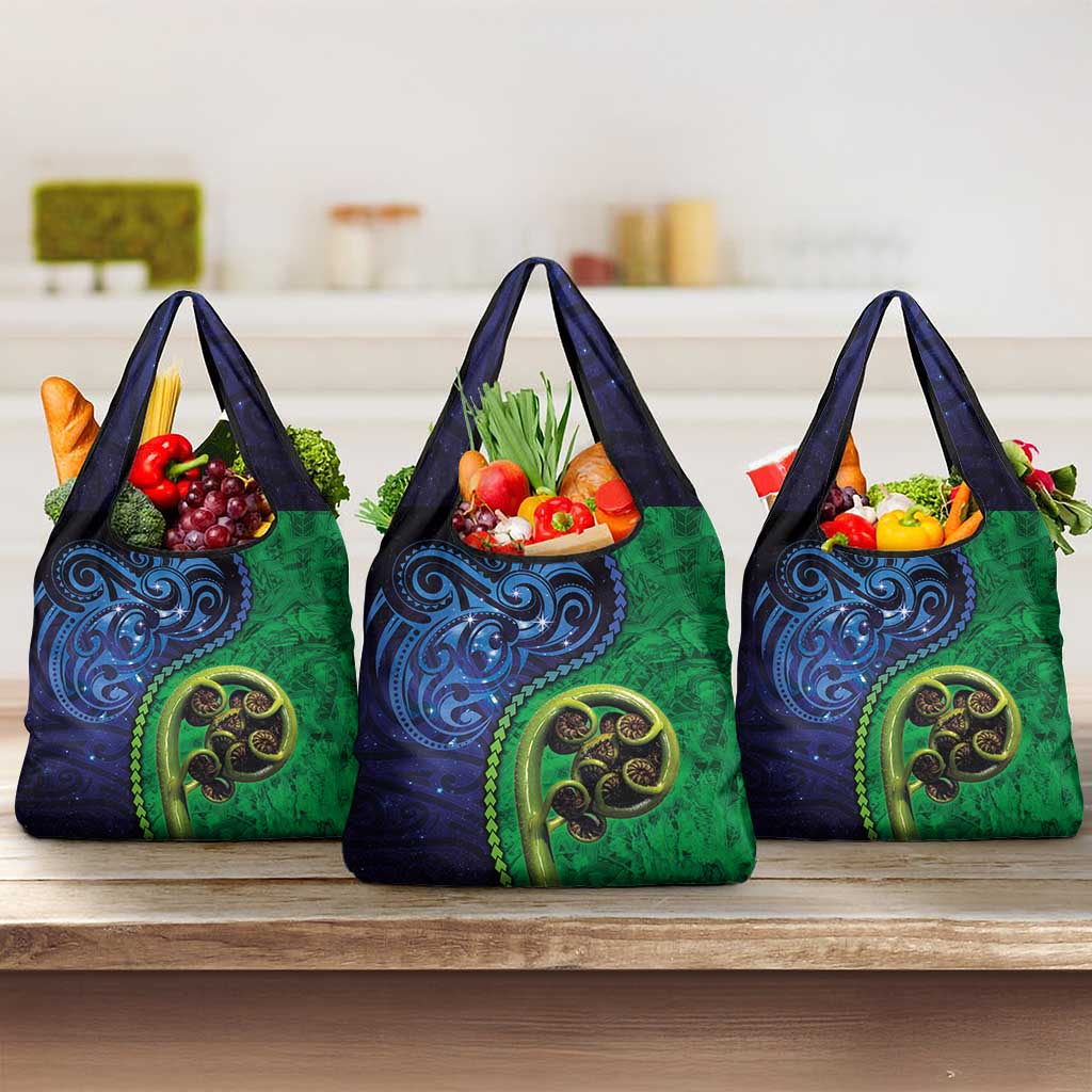 New Zealand Matariki Fern Frond Koru Grocery Bag with Galaxy Blue Sky and Green Paua Shell Art LT03 3-pack One Size Blue - Polynesian Pride