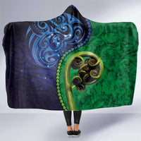 New Zealand Matariki Fern Frond Koru Hooded Blanket with Galaxy Blue Sky and Green Paua Shell Art LT03 One Size Blue - Polynesian Pride