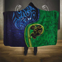 New Zealand Matariki Fern Frond Koru Hooded Blanket with Galaxy Blue Sky and Green Paua Shell Art LT03 - Polynesian Pride