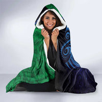 New Zealand Matariki Fern Frond Koru Hooded Blanket with Galaxy Blue Sky and Green Paua Shell Art LT03 - Polynesian Pride
