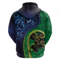New Zealand Matariki Fern Frond Koru Hoodie with Galaxy Blue Sky and Green Paua Shell Art LT03 - Polynesian Pride
