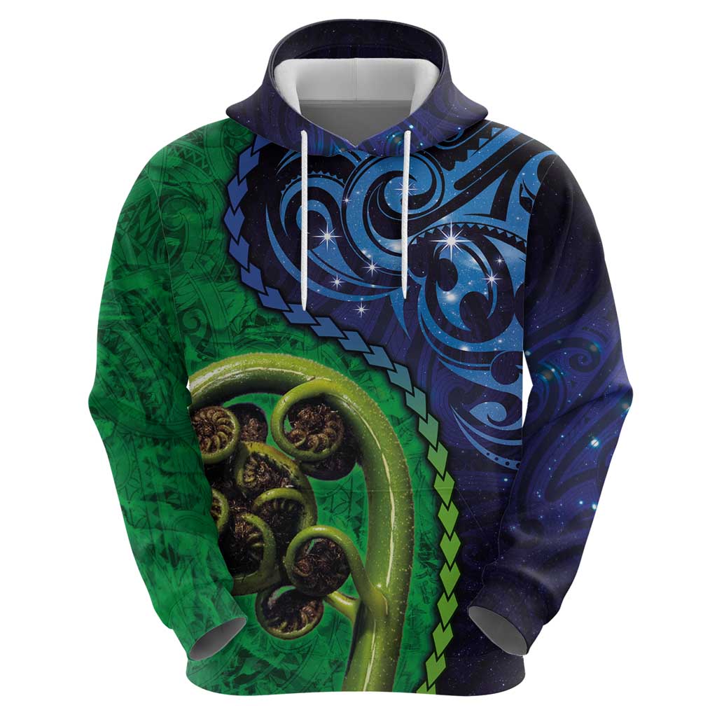 New Zealand Matariki Fern Frond Koru Hoodie with Galaxy Blue Sky and Green Paua Shell Art LT03 - Polynesian Pride