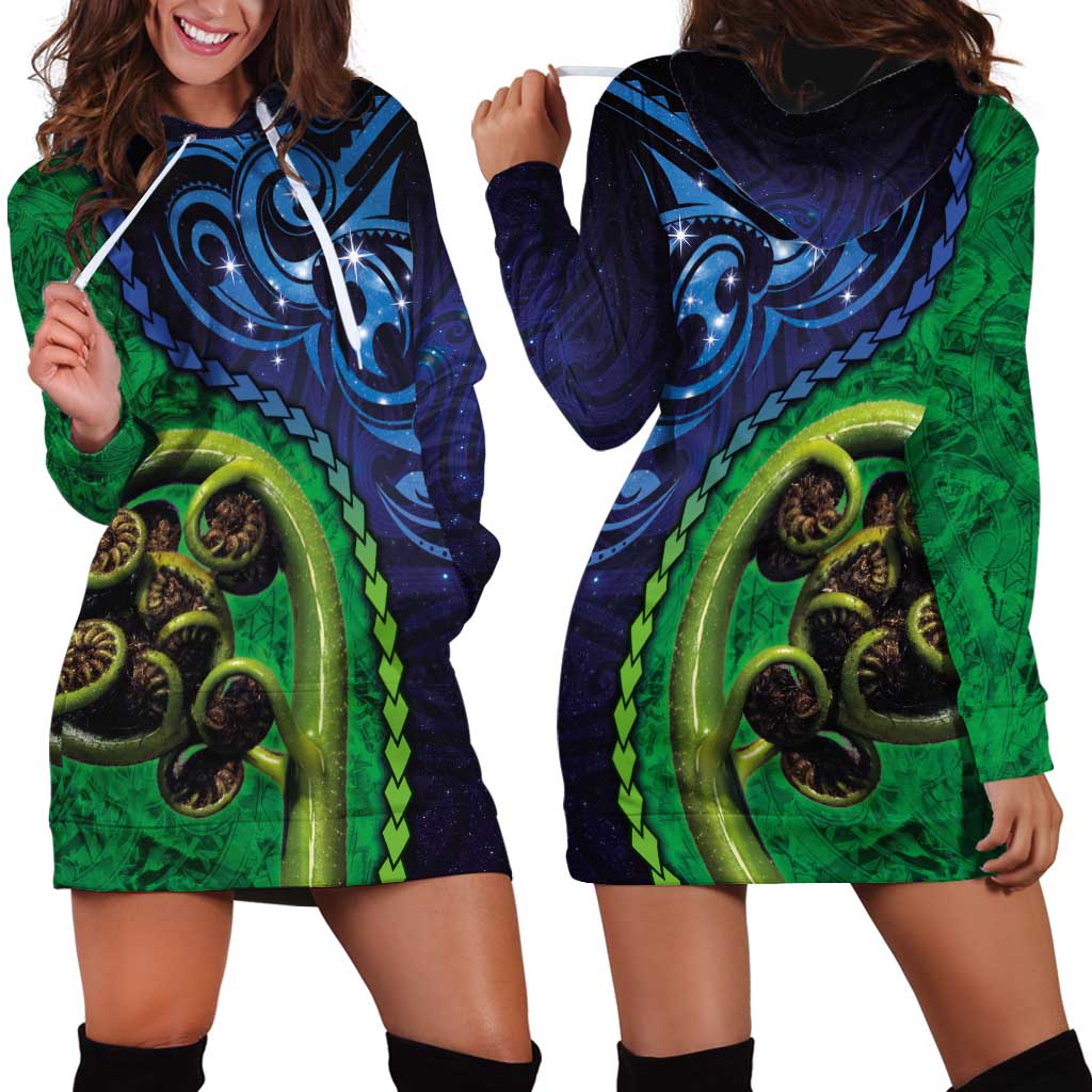 New Zealand Matariki Fern Frond Koru Hoodie Dress with Galaxy Blue Sky and Green Paua Shell Art LT03 - Polynesian Pride