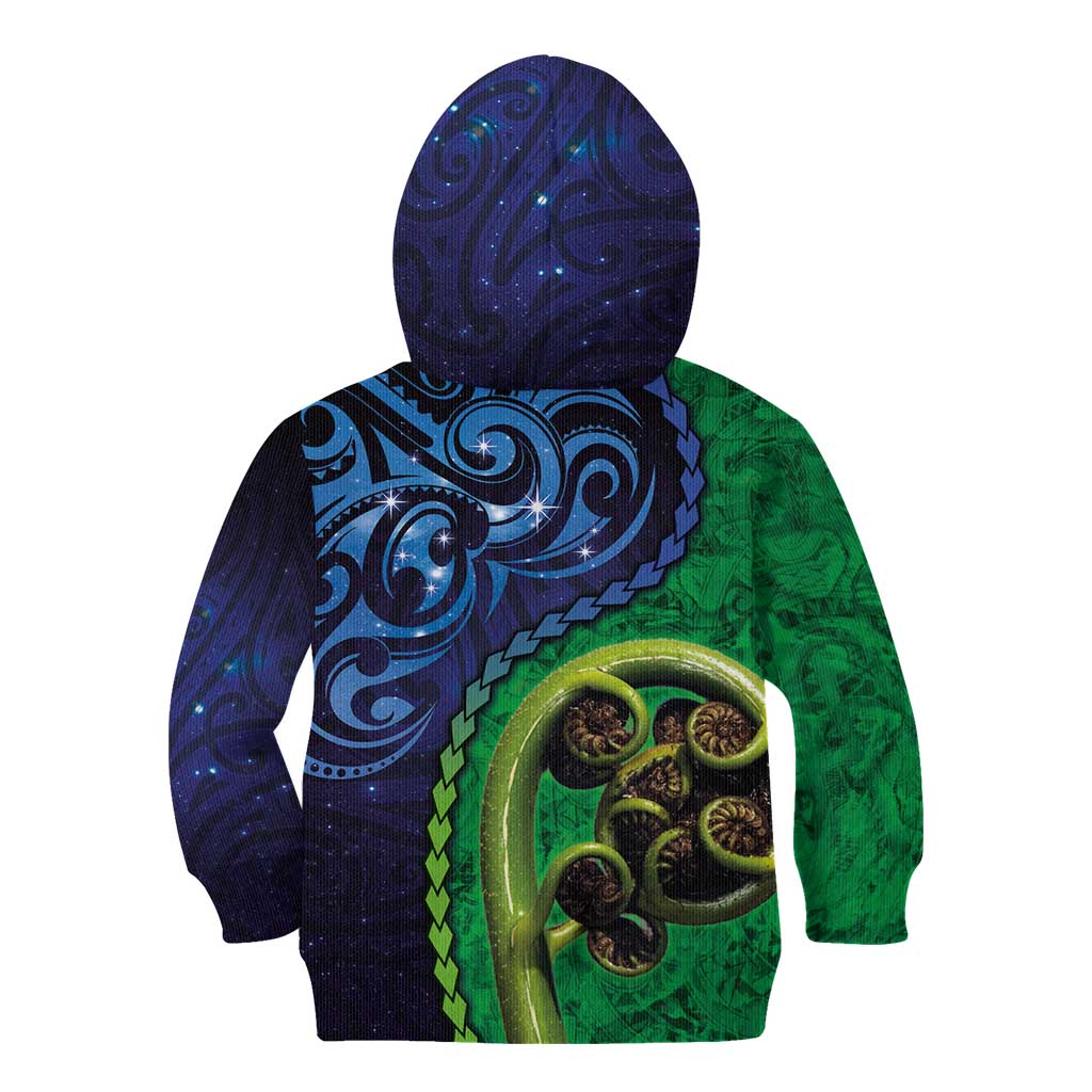 New Zealand Matariki Fern Frond Koru Kid Hoodie with Galaxy Blue Sky and Green Paua Shell Art LT03 - Polynesian Pride