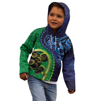 New Zealand Matariki Fern Frond Koru Kid Hoodie with Galaxy Blue Sky and Green Paua Shell Art LT03 - Polynesian Pride