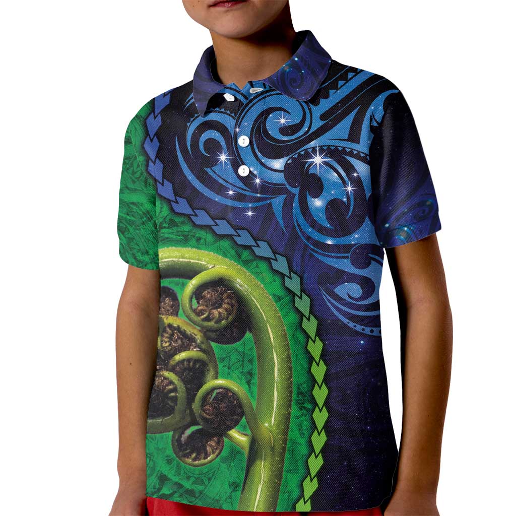 New Zealand Matariki Fern Frond Koru Kid Polo Shirt with Galaxy Blue Sky and Green Paua Shell Art LT03 Kid Blue - Polynesian Pride