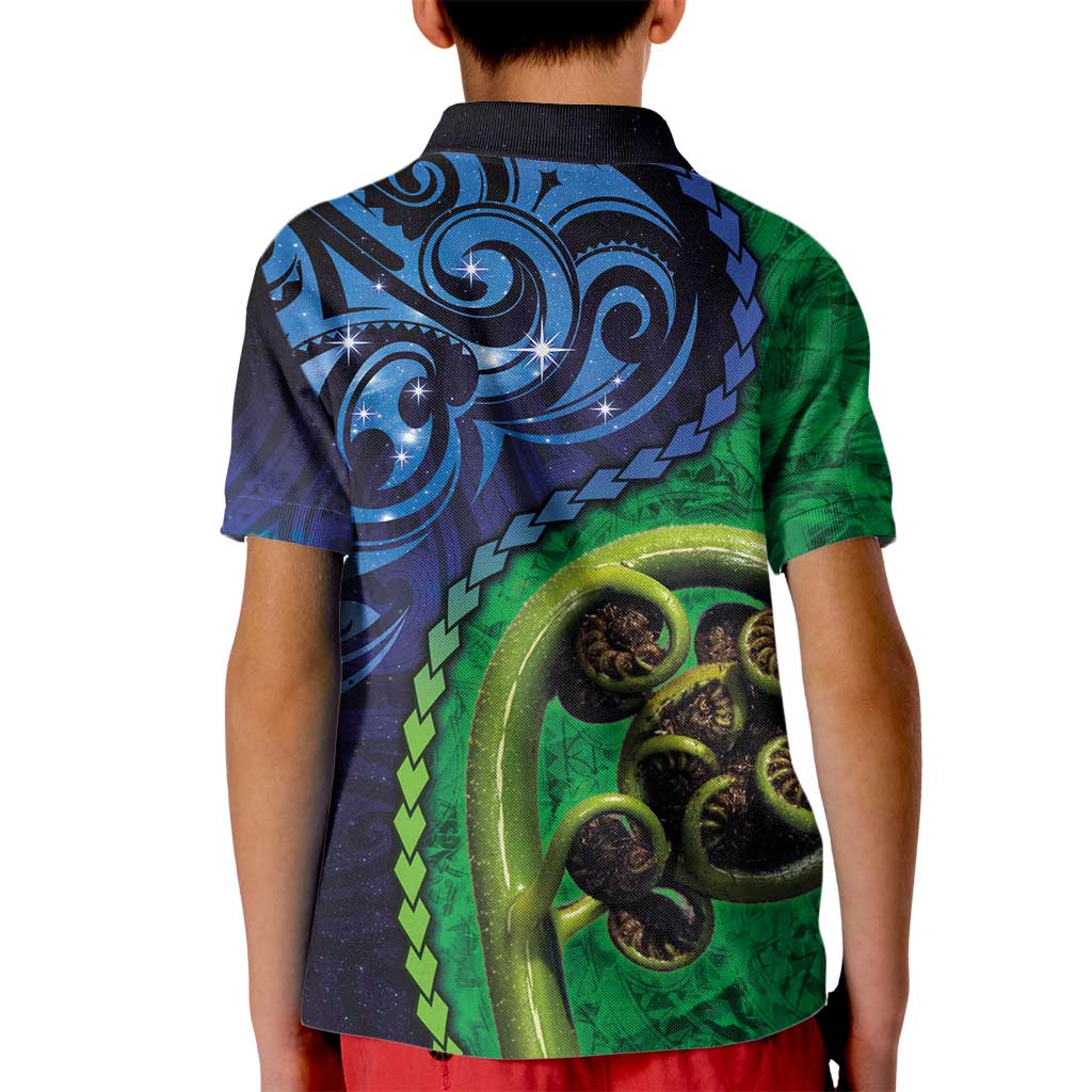 New Zealand Matariki Fern Frond Koru Kid Polo Shirt with Galaxy Blue Sky and Green Paua Shell Art LT03 - Polynesian Pride