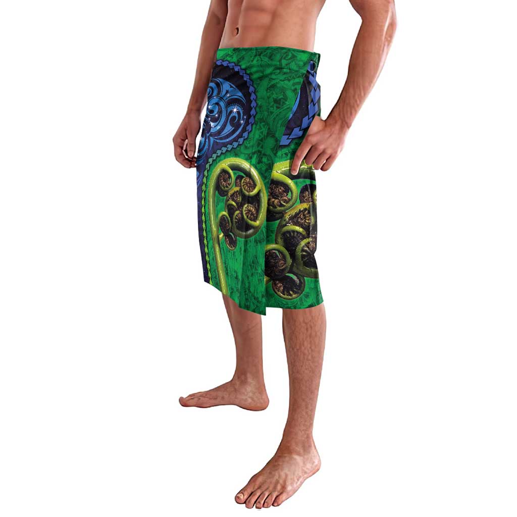 New Zealand Matariki Fern Frond Koru Lavalava with Galaxy Blue Sky and Green Paua Shell Art LT03 - Polynesian Pride