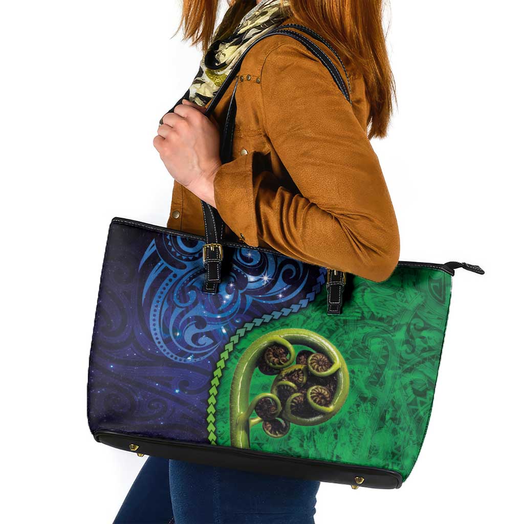 New Zealand Matariki Fern Frond Koru Leather Tote Bag with Galaxy Blue Sky and Green Paua Shell Art LT03 Blue - Polynesian Pride