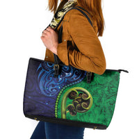 New Zealand Matariki Fern Frond Koru Leather Tote Bag with Galaxy Blue Sky and Green Paua Shell Art LT03 Blue - Polynesian Pride