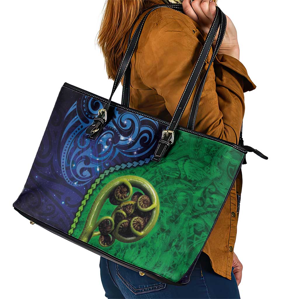 New Zealand Matariki Fern Frond Koru Leather Tote Bag with Galaxy Blue Sky and Green Paua Shell Art LT03 - Polynesian Pride